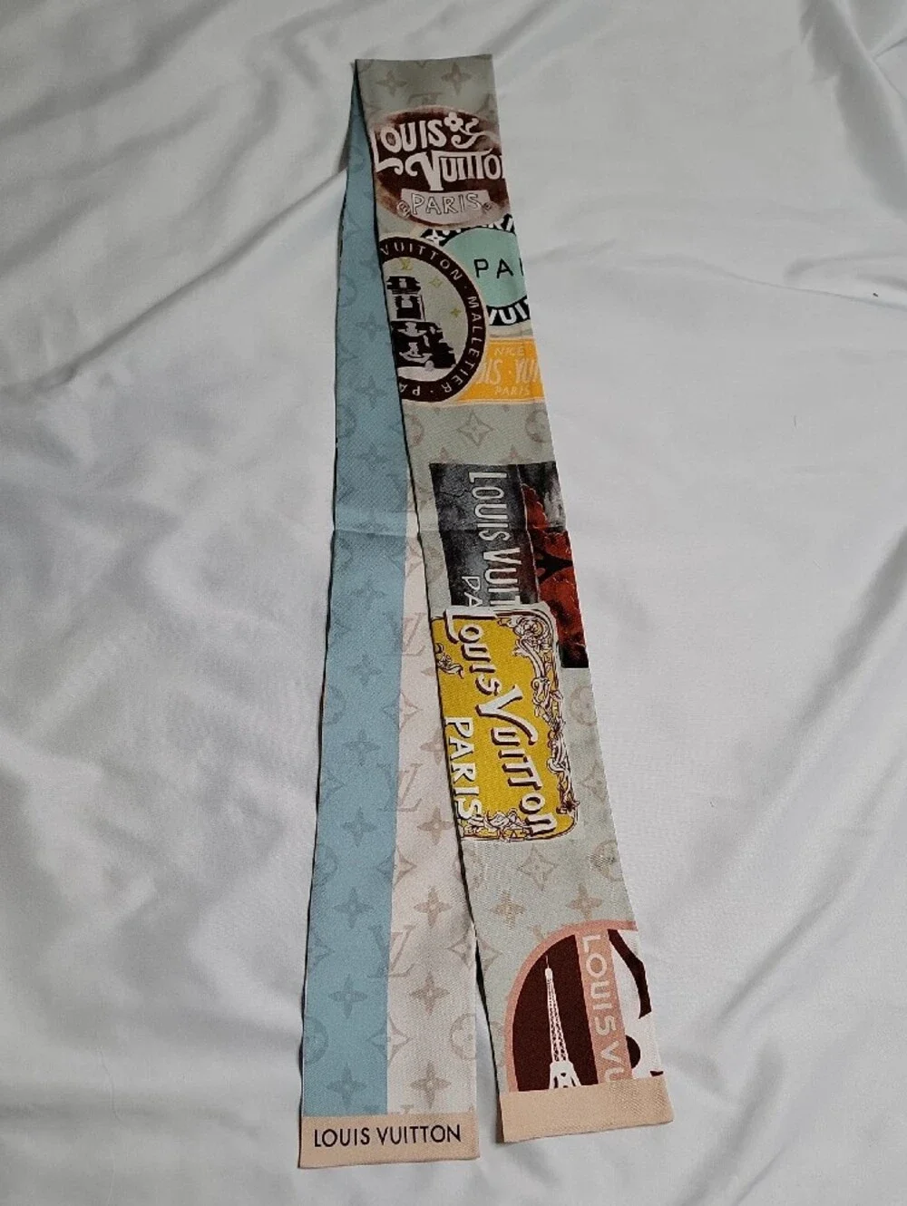 Louis Vuitton Beige, Light Blue & Pastel Logo Twilly Scarf
